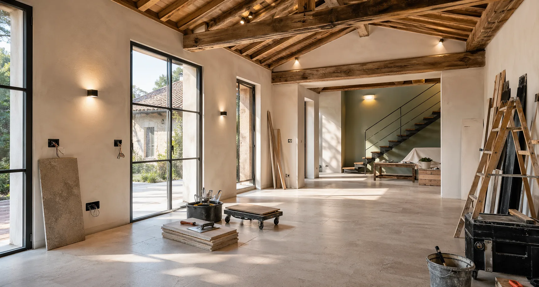 Interno in fase avanzata di ristrutturazione con travi a vista e finiture in corso